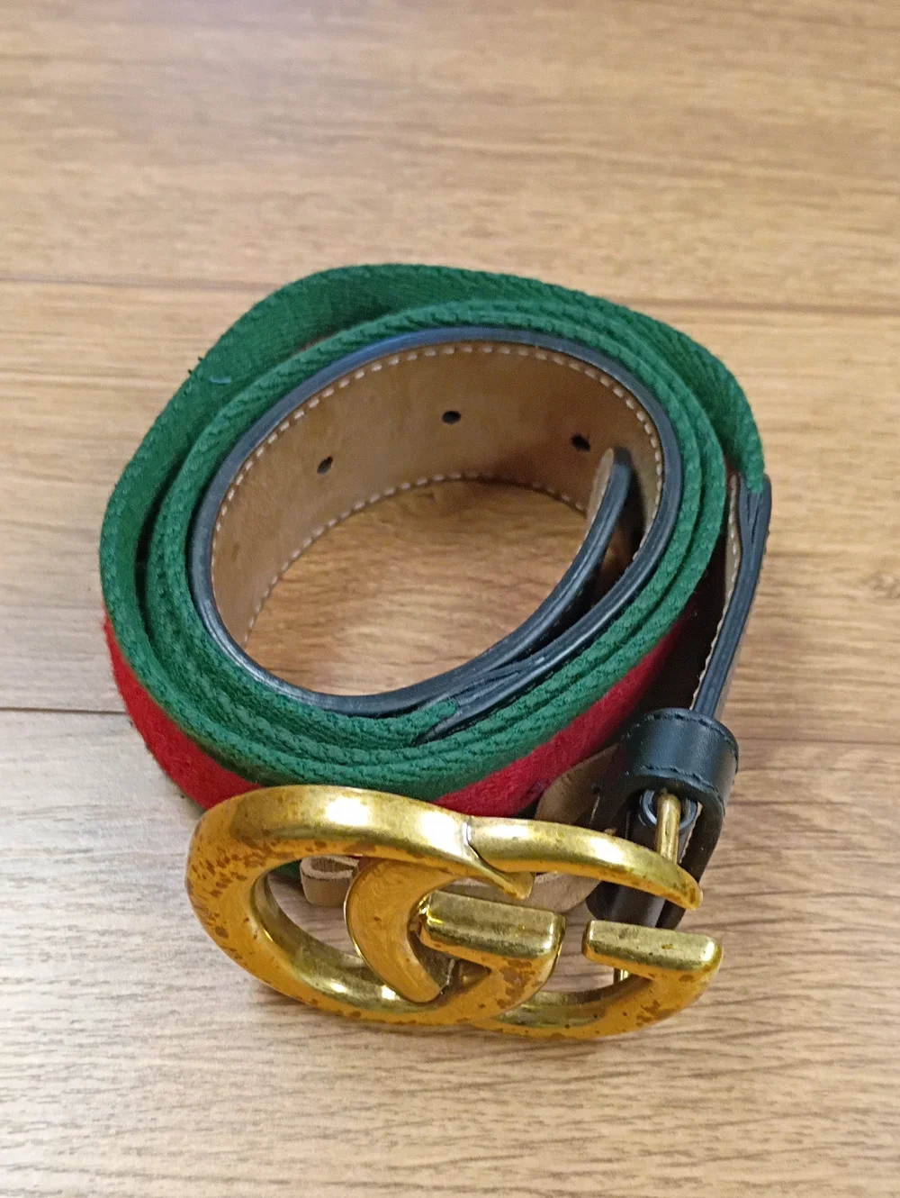 Gucci Green and Red Web Belt with Aged Gold Double G Buckle 95-38